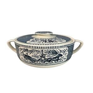 Vintage Royal Currier & Ives Blue White Ironstone Covered Casserole Dish Handles